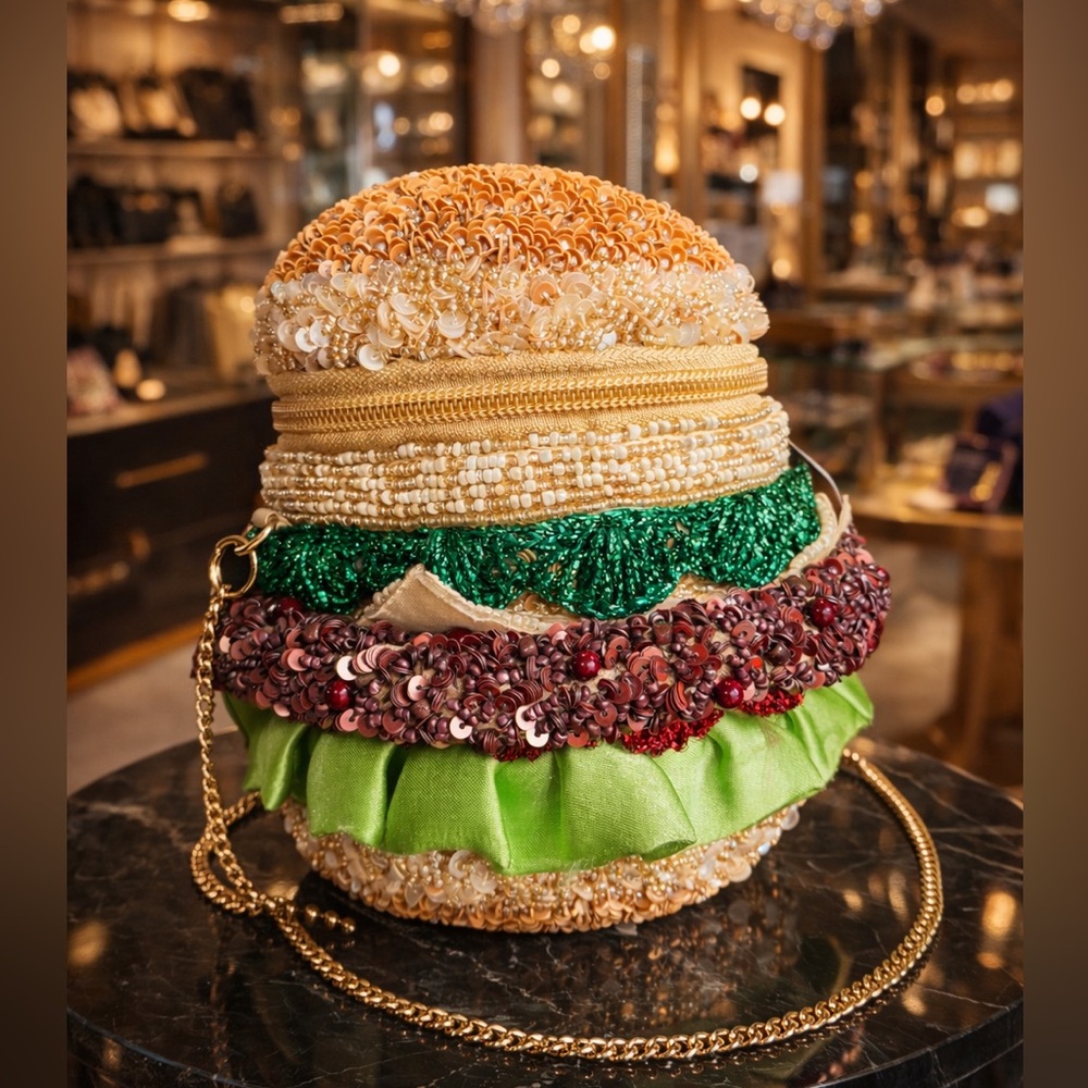 Viral Gourmet Burger Hand beaded Sequin Clutch